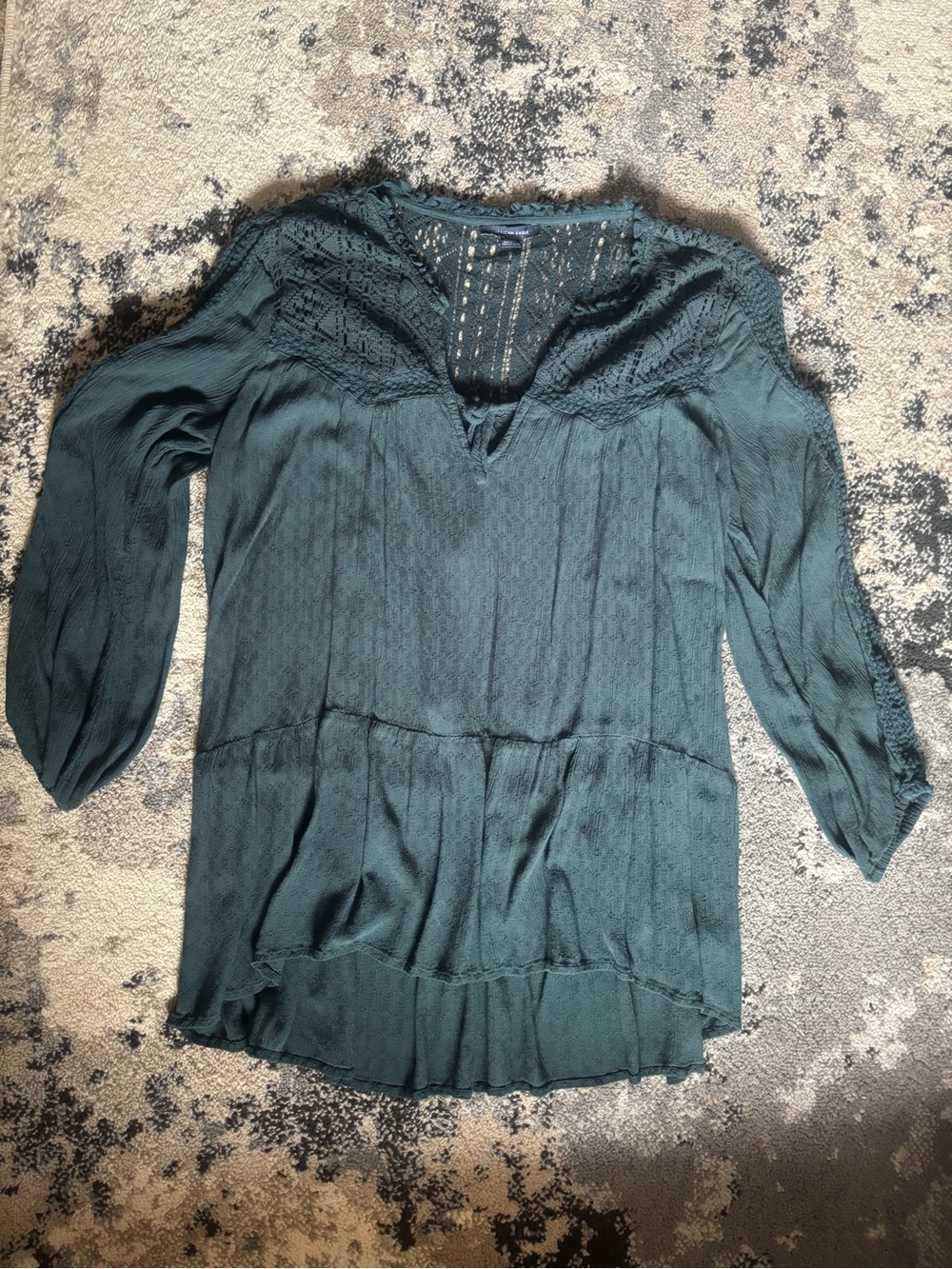 American Eagle Outfitters Dark Teal Crochet Yoke Peasant Blouse